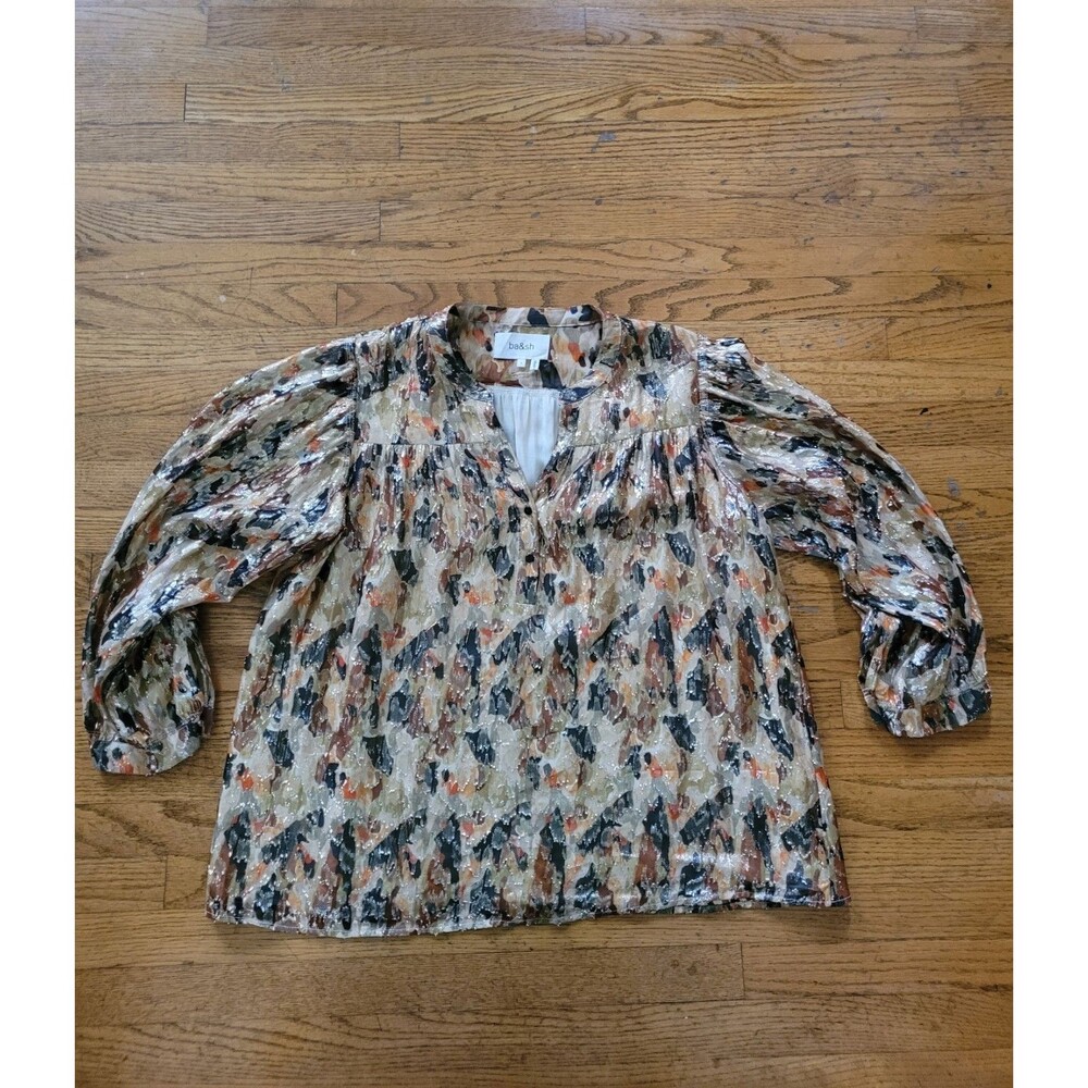 Ba&sh Gabby Metallic Animal Print Silk Longsleeve Lined Blouse Size Large